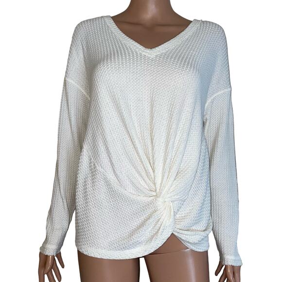 Akemi + Kin top waffle knit front tie vanilla off white long sleeve V-neck SZ MD - Picture 1 of 9